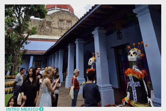 Day of the Dead altar in a colonial courtyard
